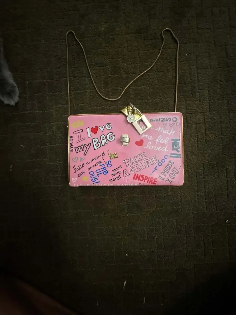 Pink Graffiti Print Hard Box Clutch Crossbody Shoulder Bag with Gold Chain and L